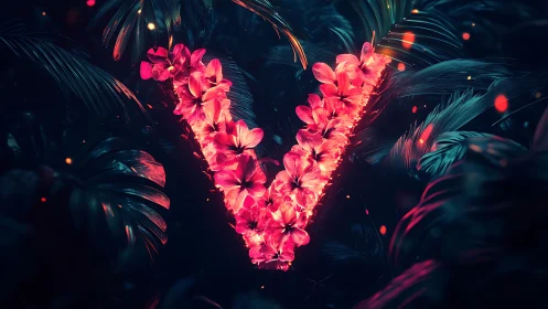 Neon floral V glows like living light in a lush night jungle