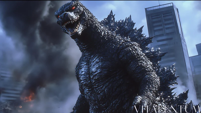 Giant reptilian kaiju amid urban high‑rise structures.