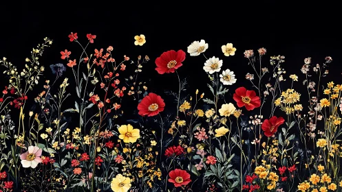 Botanical Composition: Dense Wildflower Arrangement Against Black Ground.