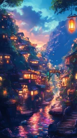 Twilight river cityscape with glowing lantern-lit terraces.