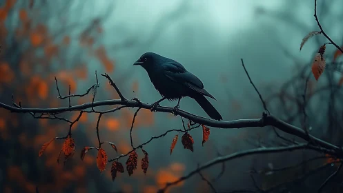 Black bird perched on branch with autumn foliage in mist