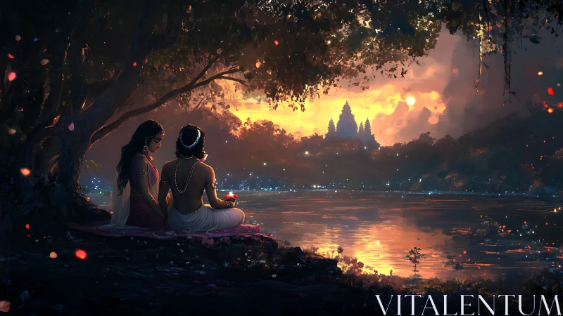 Quiet riverside sunset with two friends sharing soft light.