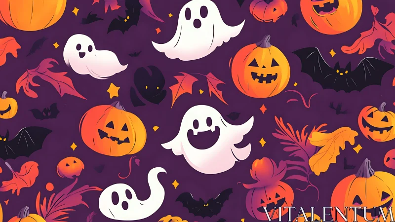 Halloween ghosts, pumpkins and bats form seamless pattern