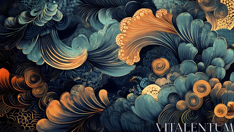 Swirling teal and gold florals invite a dreamy, gentle gaze