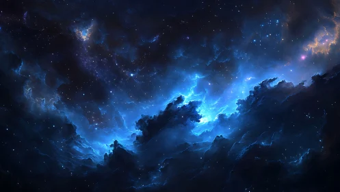 Luminous blue nebula swirls through deep cosmic starfield