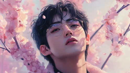 Androgynous portrait amid soft-focus pastel cherry blossoms