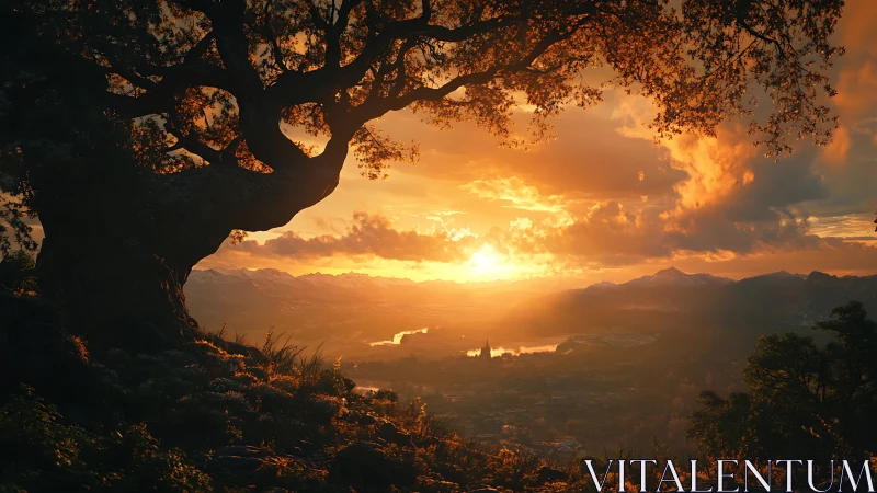 Ancient hilltop tree cradles a glowing fantasy valley sunset.