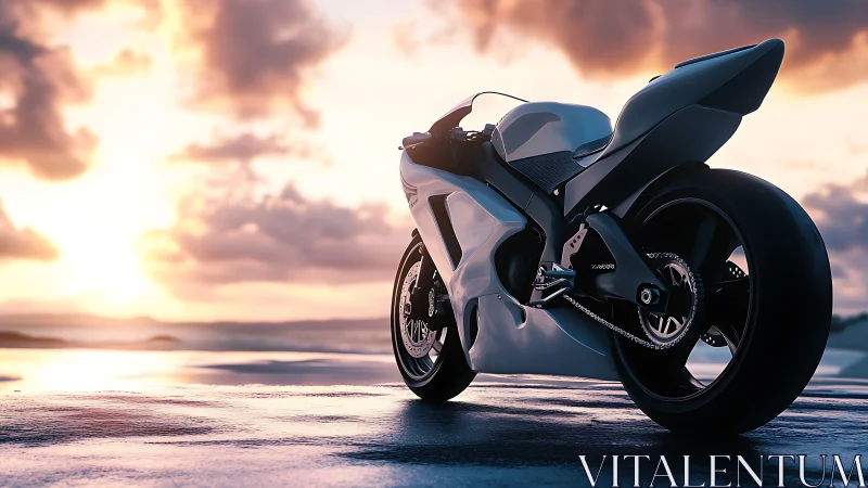 Futuristic sport motorcycle on wet surface at coastal sunset.