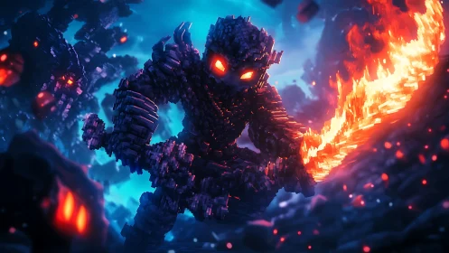 Voxel fire warrior charges through a glowing digital battlefield.