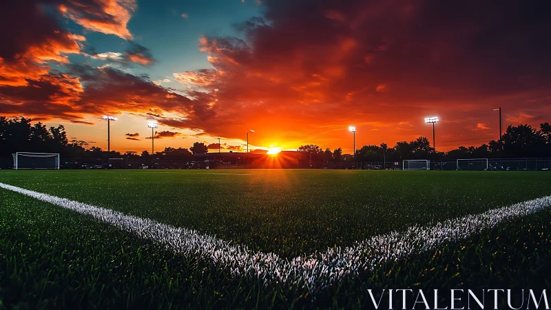 Sunset glows over empty soccer field and sharp white lines.
