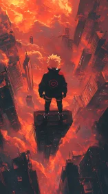 Backlit anime figure surveys tilted dystopian skyline in red haze