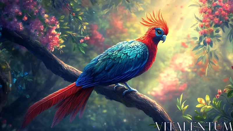 Vibrant Exotic Bird on Branch in Lush Fantasy Forest Art.