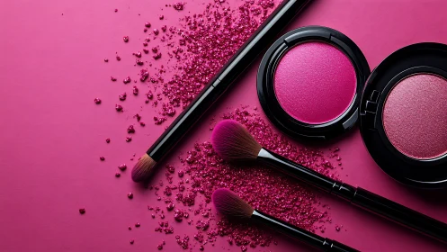 High-saturation pink blush pans, glitter and pro makeup brushes
