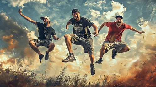 Energetic friends jumping midair over dramatic sky field.