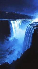Midnight torrent cascading over luminous blue falls.