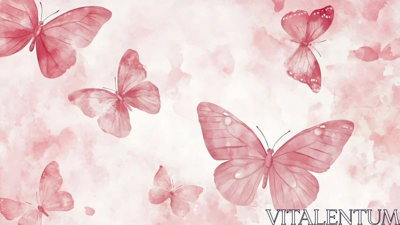 Monochrome pink butterflies on soft watercolor background.