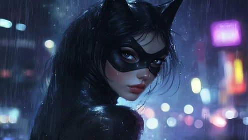 Masked vigilante stands in neon rain with piercing gaze.