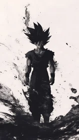 High-contrast ink-splatter anime warrior rendered in stark silhouette