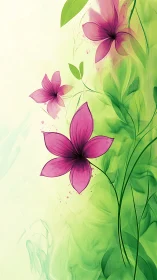 Translucent Floral Composition with Pink Blooms and Gradient Foliage.