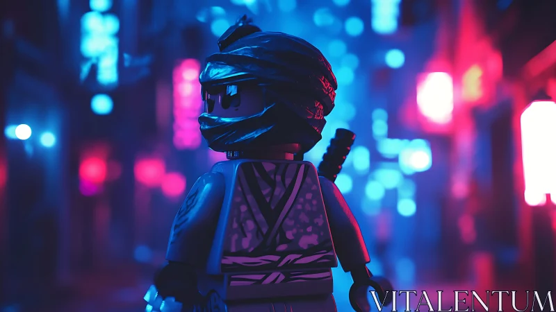 Neon-lit toy ninja minifigure in cyberpunk alleyway scene.