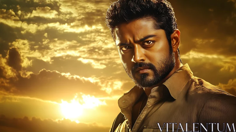 Sunset backlit male portrait employs dramatic golden-hour lighting