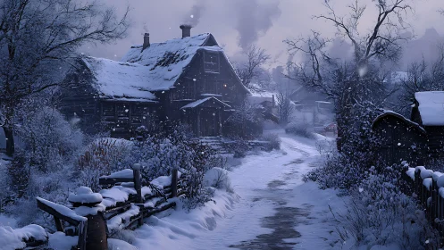 Snow covered village lane with wooden cottages at dusk.