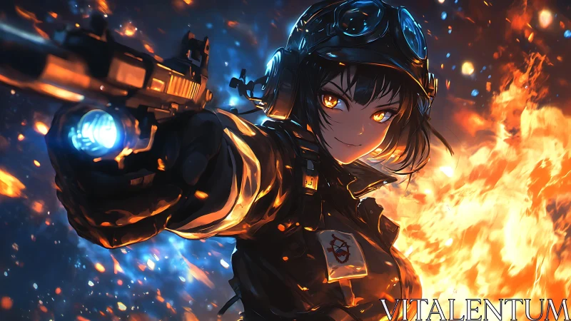Fearless anime heroine glowing amid blazing blue and gold light.