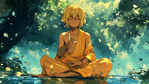 Young monk in golden robes meditating by reflective water.