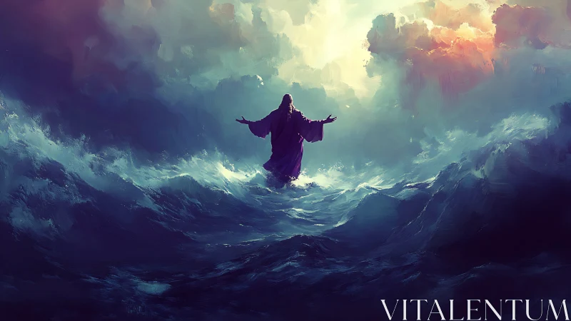 Storm-tossed ocean vortex with robed central figure under luminous sky