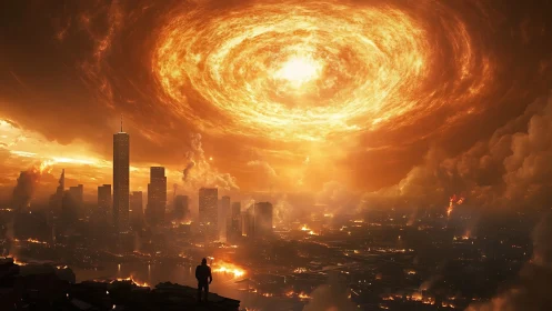 Lone dreamer watching a fiery sky swirl above the city.