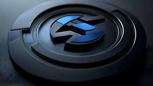 Futuristic blue and black 3D logo on circular metallic background.