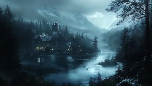 Moonlit mountain village by misty river in forest storm.