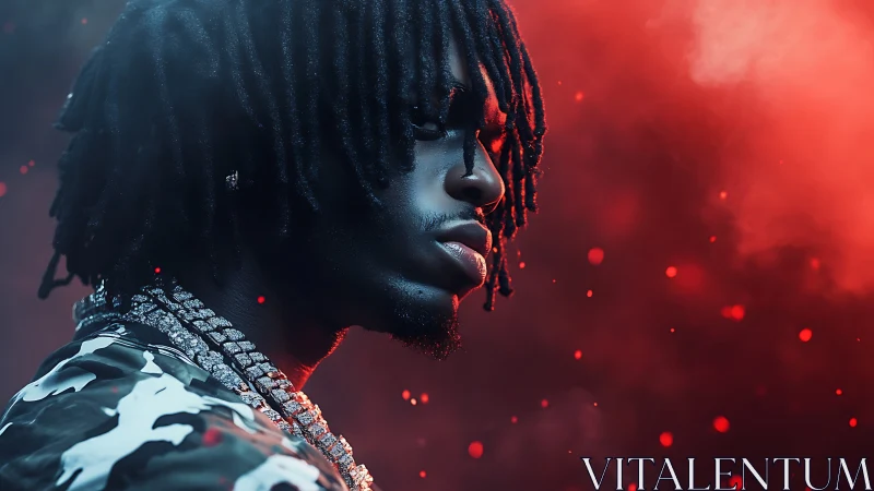 Side profile portrait of man in red and blue dramatic lighting