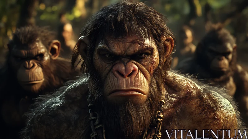 Defiant ape leader stares ahead with tense, hostile focus.