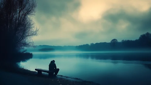 Solitary figure by misty lake under cyan twilight sky.