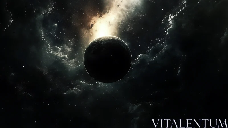 Shadowed world drifts through a storm of cosmic ghostlight