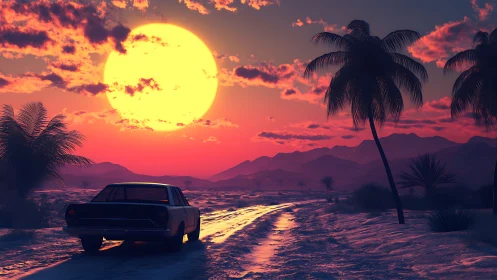 Retro car crosses neon desert road beneath massive sun.