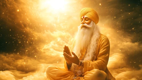 Golden-robed sage meditates within luminous celestial clouds