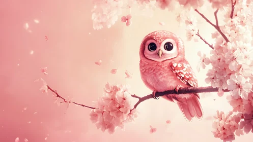 Adorable pink owl on cherry blossom branch in dreamy pastel style.