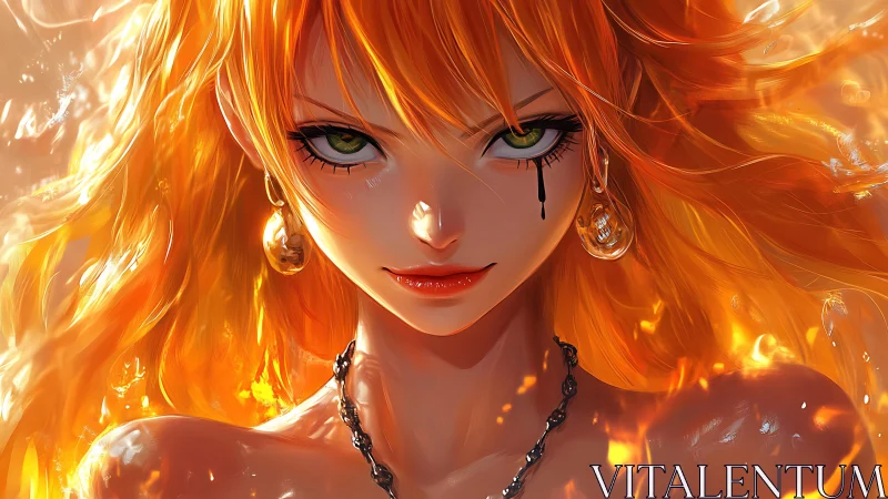 Fiery anime sorceress with molten light and fierce gaze.
