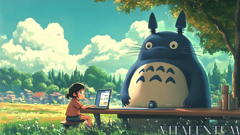 Child and forest guardian share digital moment at rustic table