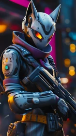 Neon city fox warrior in sleek sci fi armor stands ready.