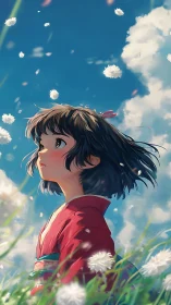 Anime portrait of girl in red kimono under drifting blossoms.