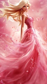Stylized blonde female figure in flowing pink digital gown