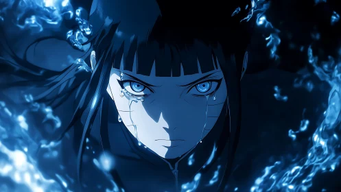 Intense blue-eyed warrior in dynamic aquatic anime composition.