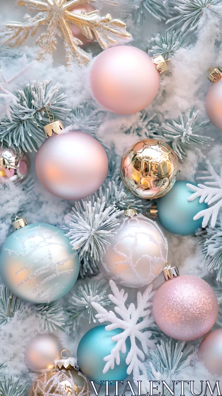 Pastel ornaments rest on frosted artificial pine branches