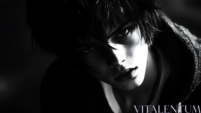 Moody monochrome close-up of intense young person.