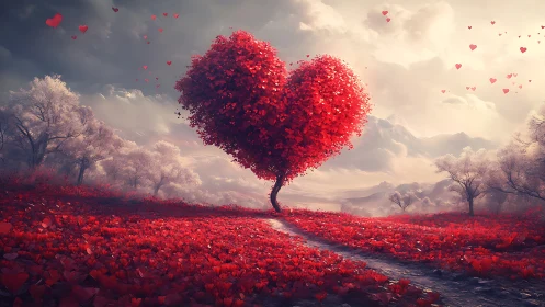 Heart-shaped tree blooms beneath romantic sky.
