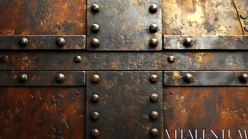 Weathered riveted metal plates evoke rugged industrial strength