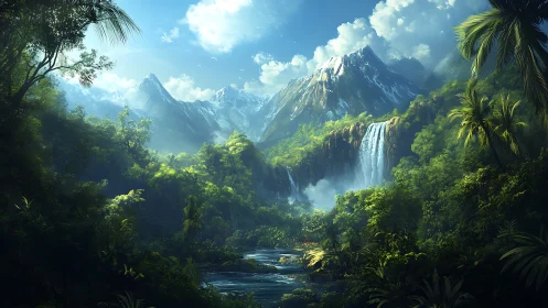 Tropical Mountain Valley Waterfall - Paradise Landscape.